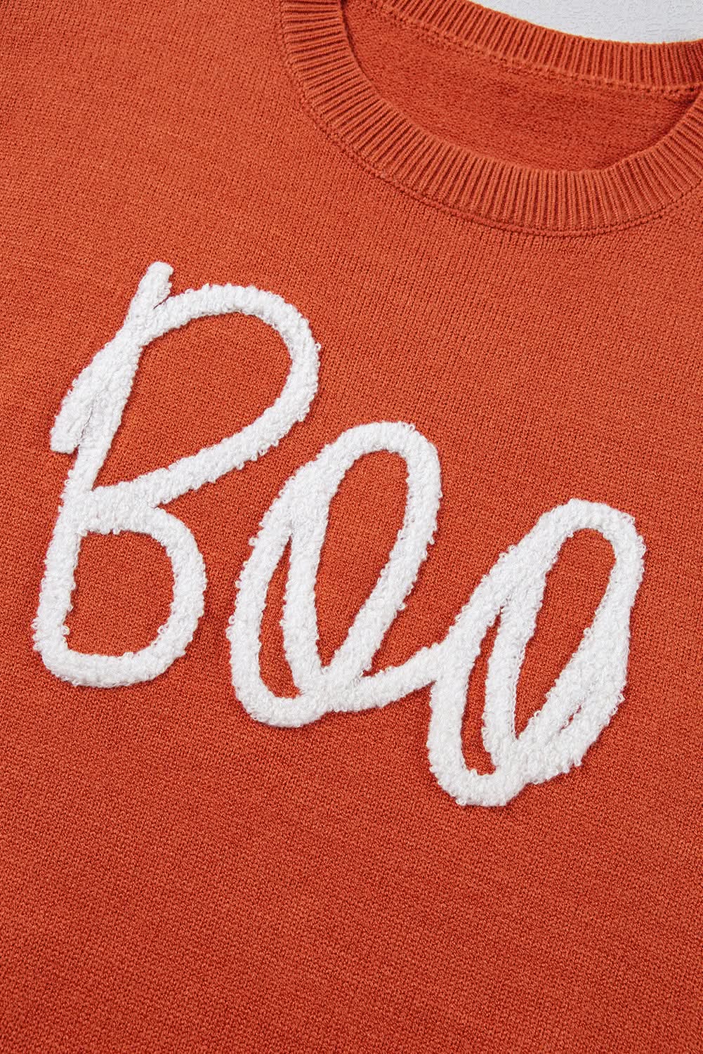 Orange Boo Knitted Pattern Ribbed Edge Drop Shoulder Sweater - Love Salve